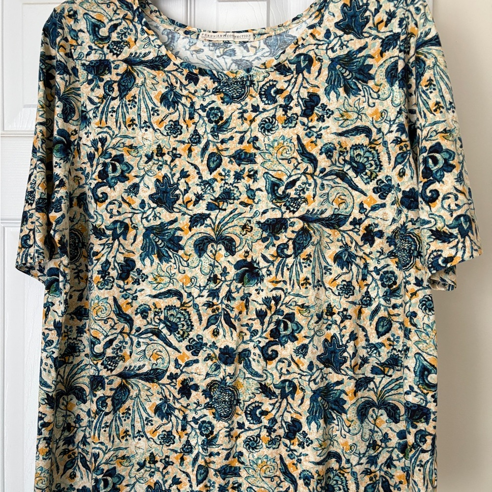 Peruvian Connection Blue and Yellow Floral Blouse